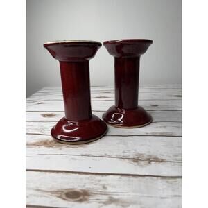 HausenWare Pair of Dark Red and Tan 7" and 7.5" Ceramic Candle Holders